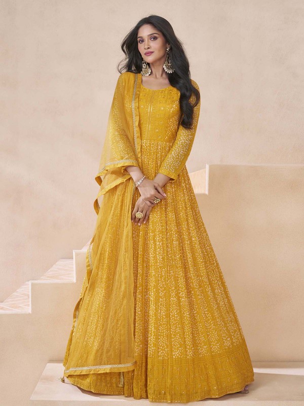 Mustard Real Georgette Anarkali Gown